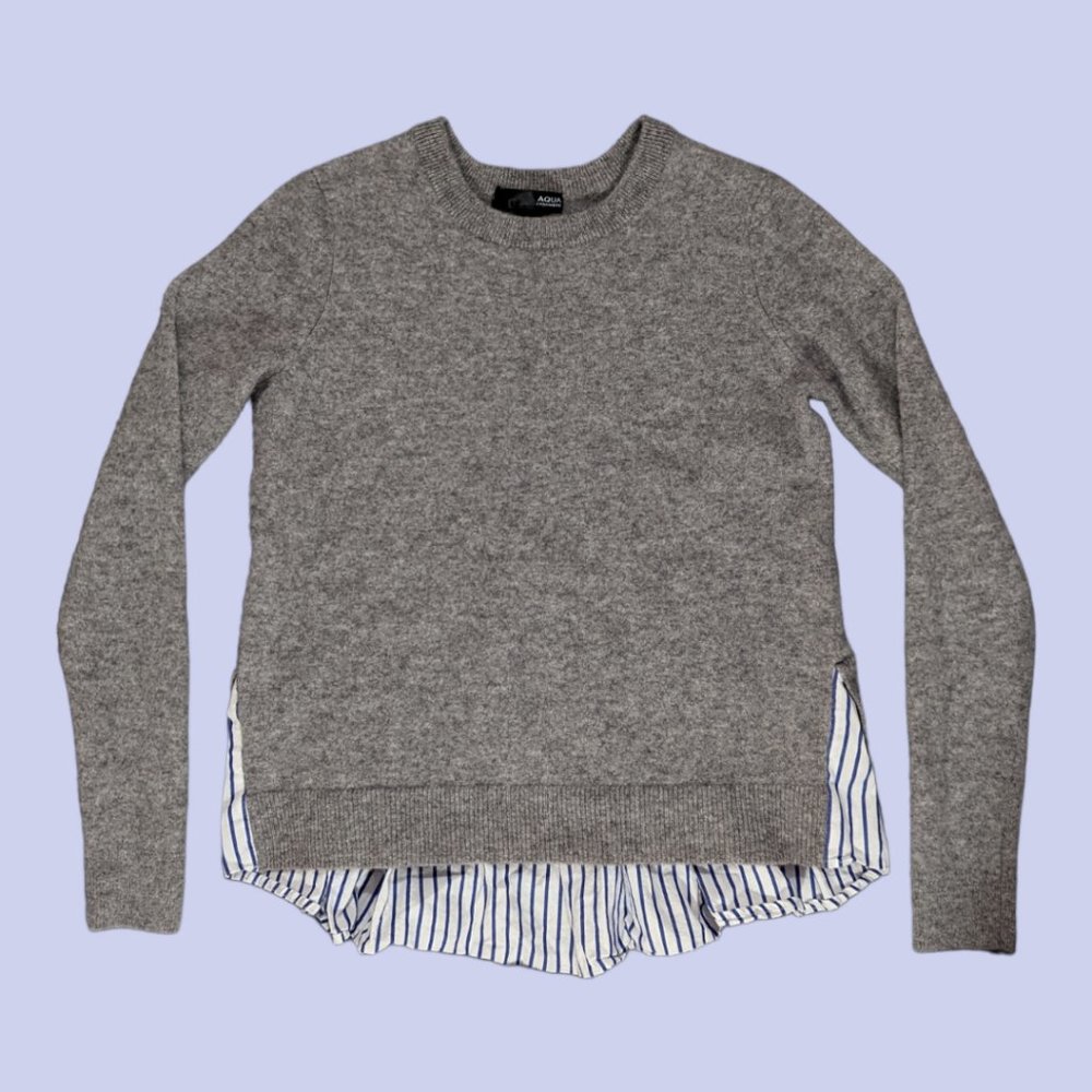 Aqua | Women's 100% Cashmere Crewneck Sweater Striped Cotton Hem Gray XS